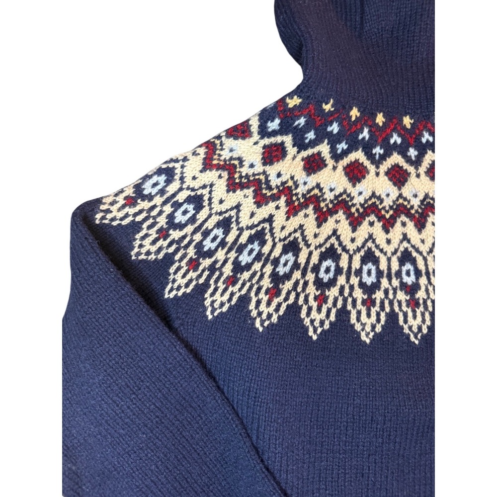 Vintage Ralph Lauren Hand Knit Fair Isle Hoodie Womens M Navy Wool Sweater - Picture 10 of 14